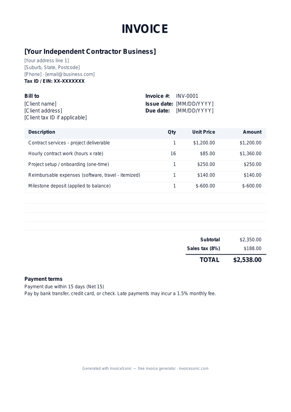 Independent Contractor invoice template preview — free editable Word, Excel and PDF
