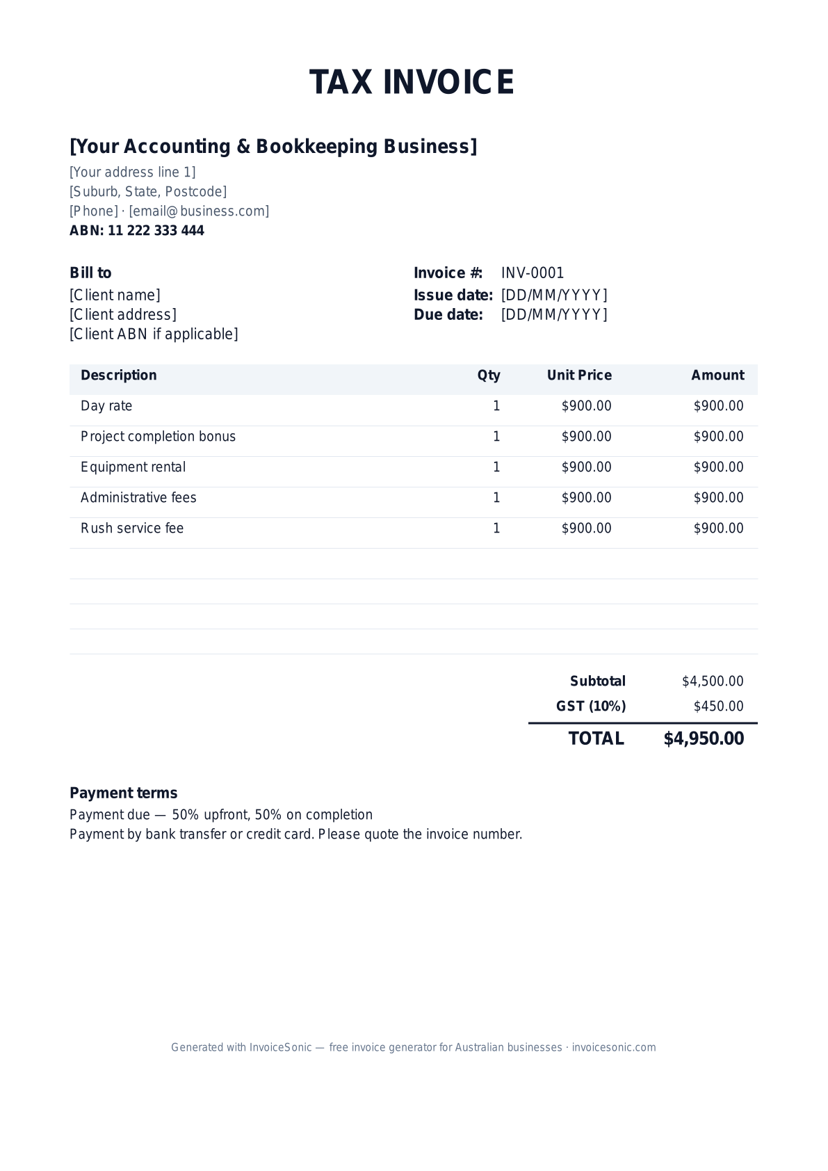 Accounting & Bookkeeping invoice template preview — GST-ready tax invoice for Australian accounting & bookkeeping businesses