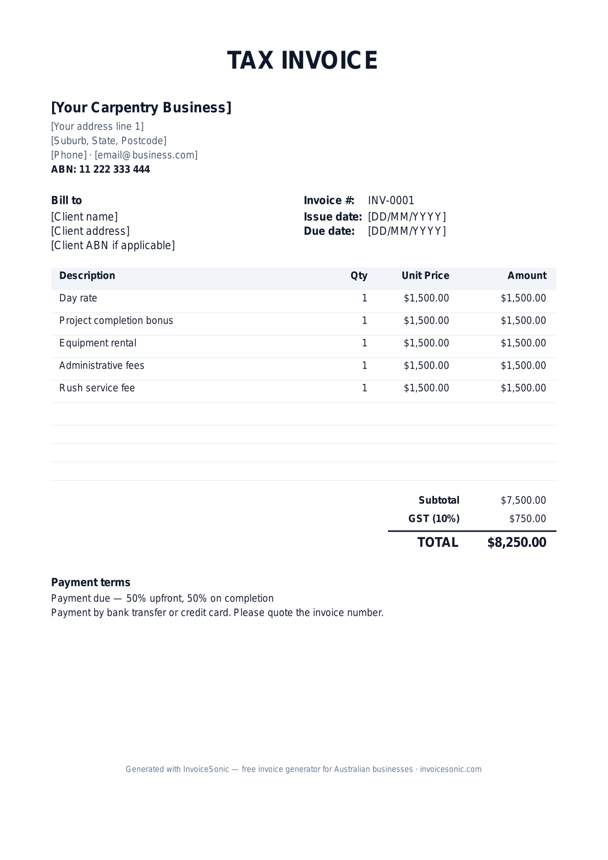 Carpentry invoice template preview — GST-ready tax invoice for Australian carpentry businesses