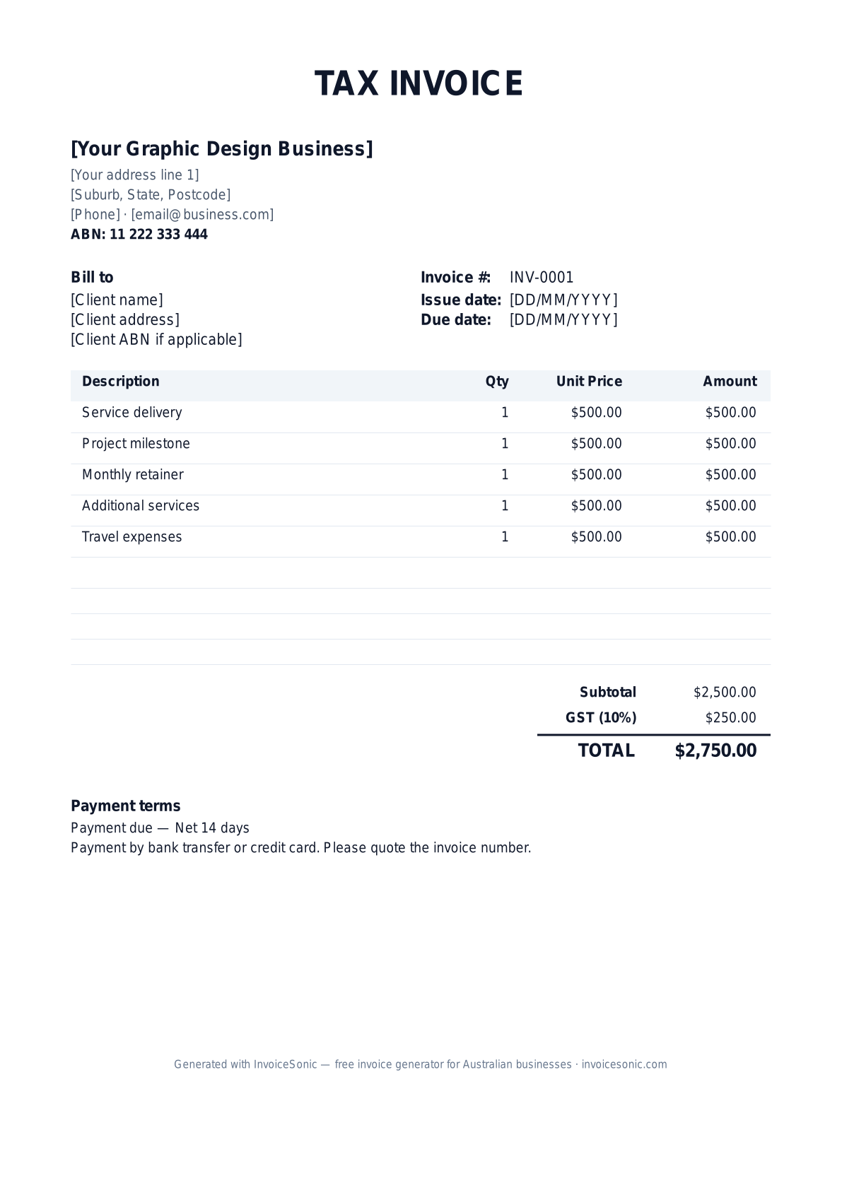 Graphic Design invoice template preview — GST-ready tax invoice for Australian graphic design businesses