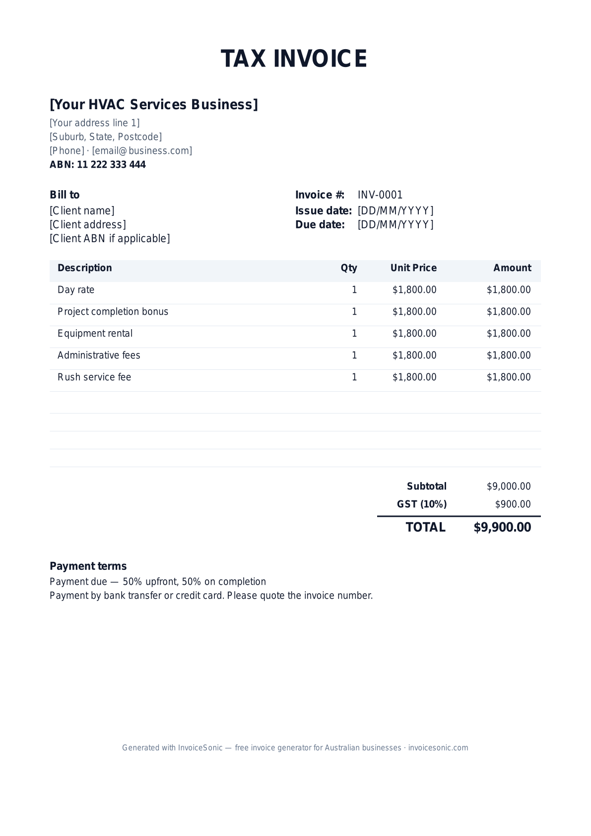 HVAC Services invoice template preview — GST-ready tax invoice for Australian hvac services businesses