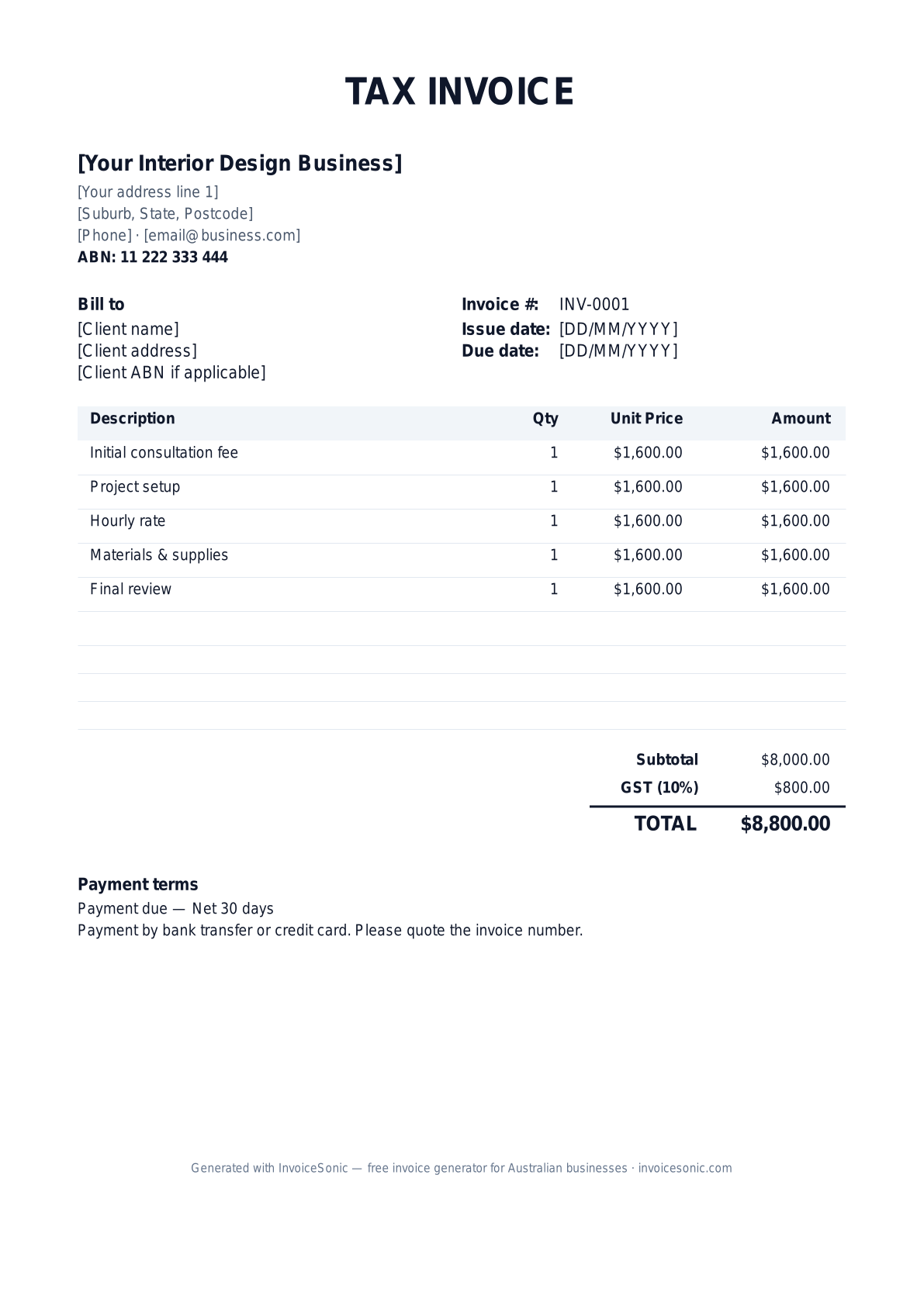 Interior Design invoice template preview — GST-ready tax invoice for Australian interior design businesses