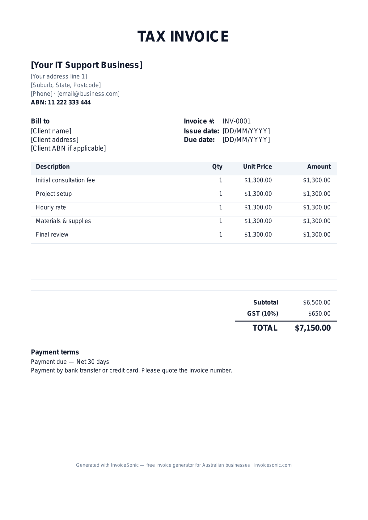 IT Support invoice template preview — GST-ready tax invoice for Australian it support businesses