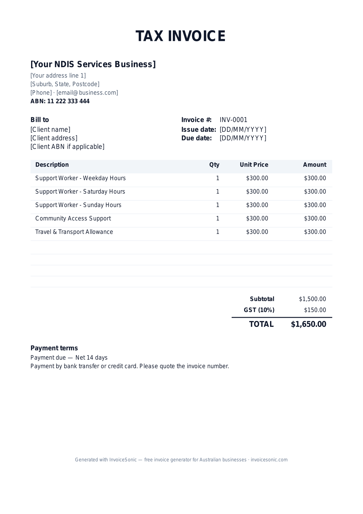 NDIS Services invoice template preview — GST-ready tax invoice for Australian ndis services businesses