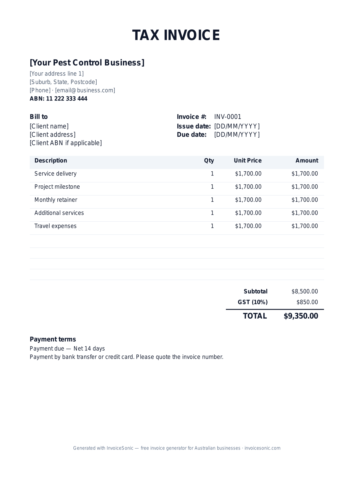 Pest Control invoice template preview — GST-ready tax invoice for Australian pest control businesses