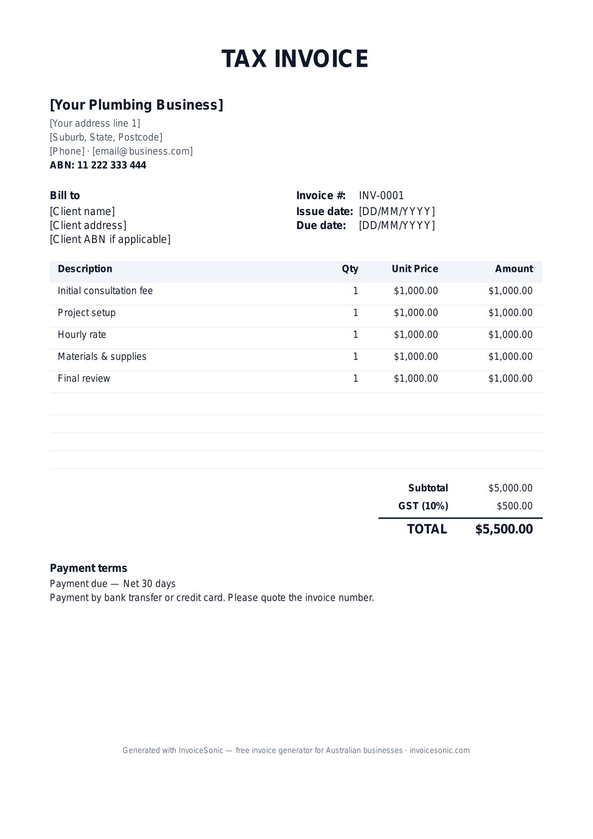 Plumbing invoice template preview — GST-ready tax invoice for Australian plumbing businesses
