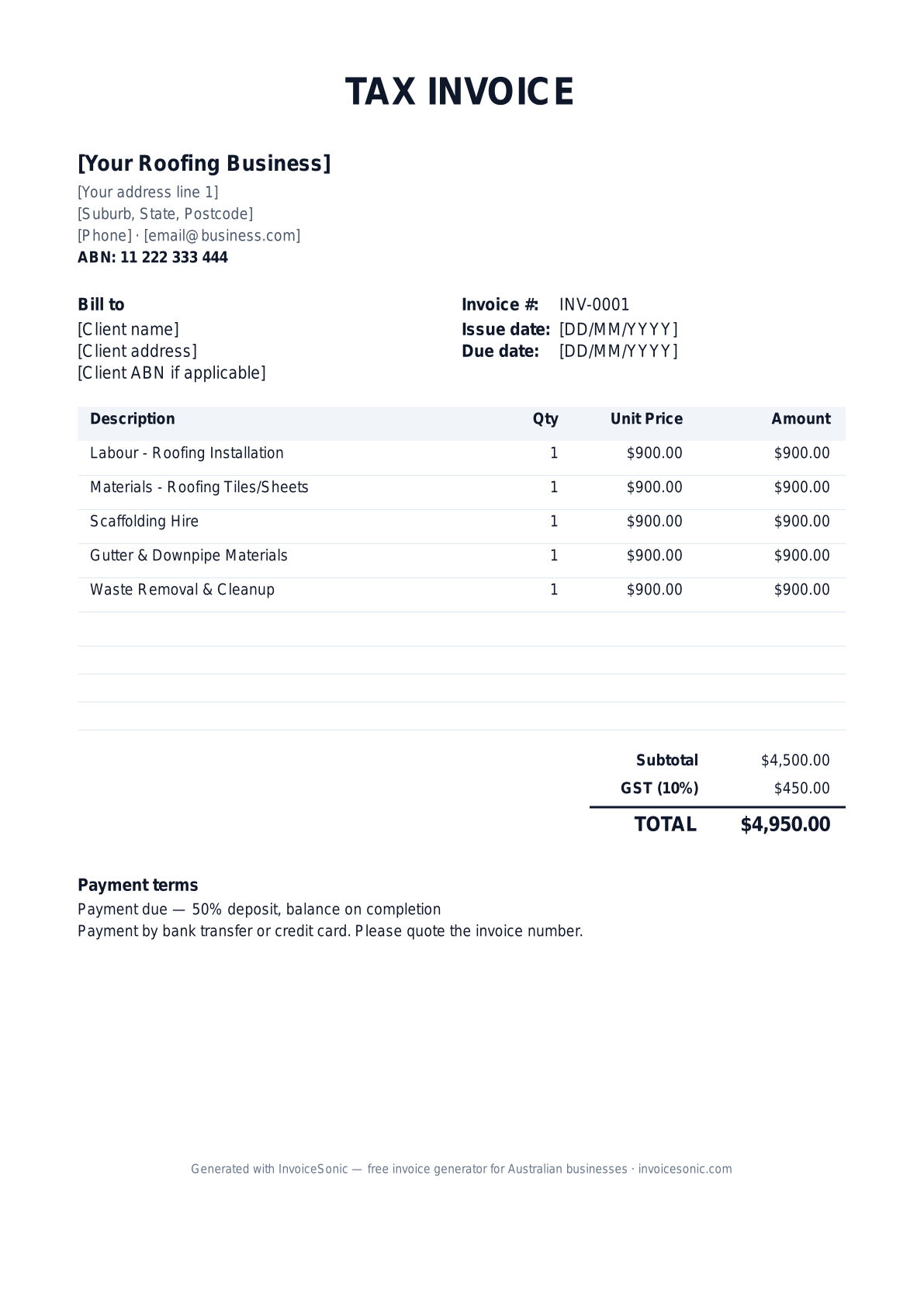 Roofing invoice template preview — GST-ready tax invoice for Australian roofing businesses