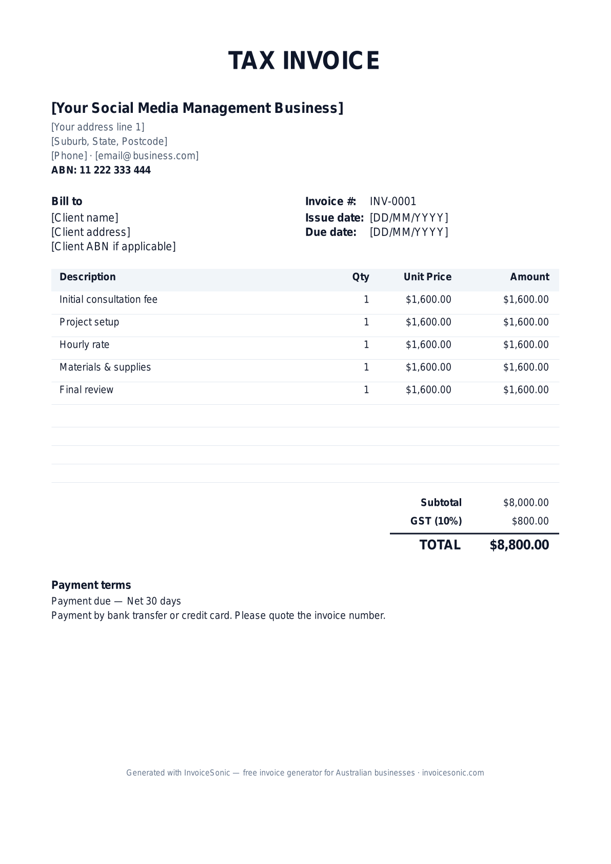 Social Media Management invoice template preview — GST-ready tax invoice for Australian social media management businesses