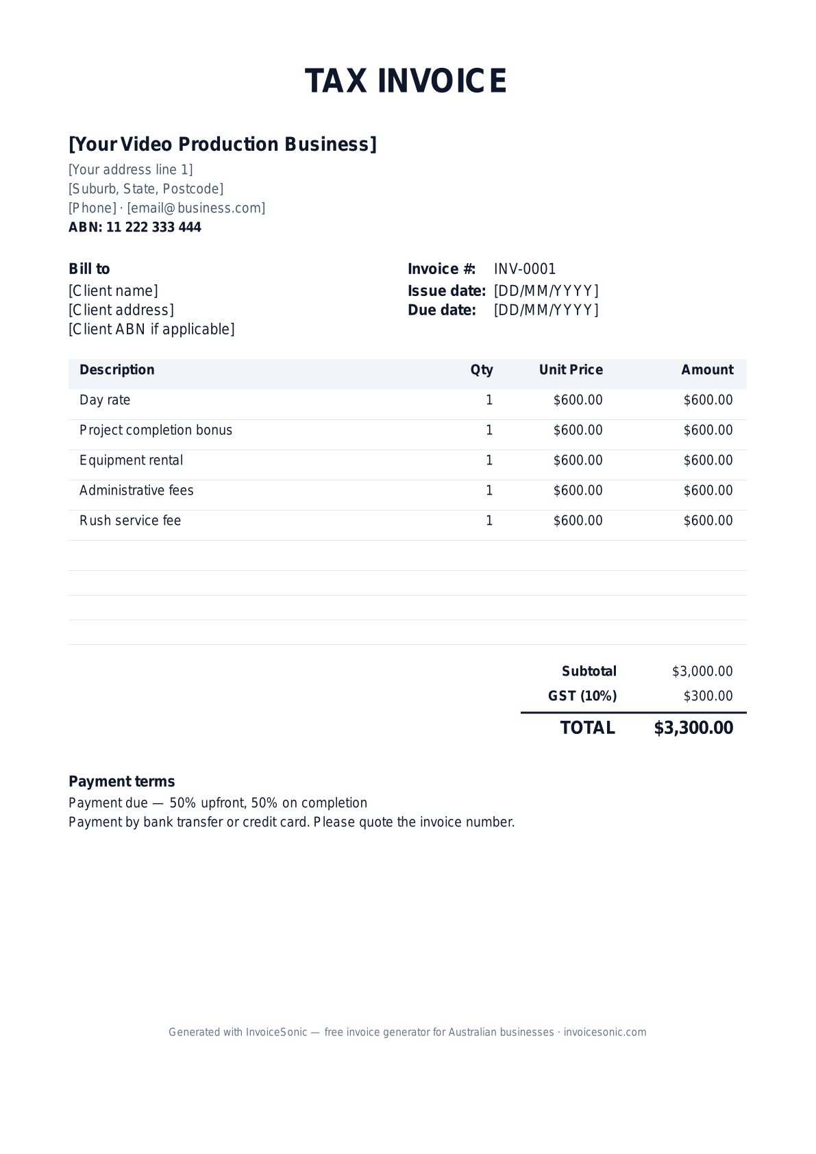 Video Production invoice template preview — GST-ready tax invoice for Australian video production businesses