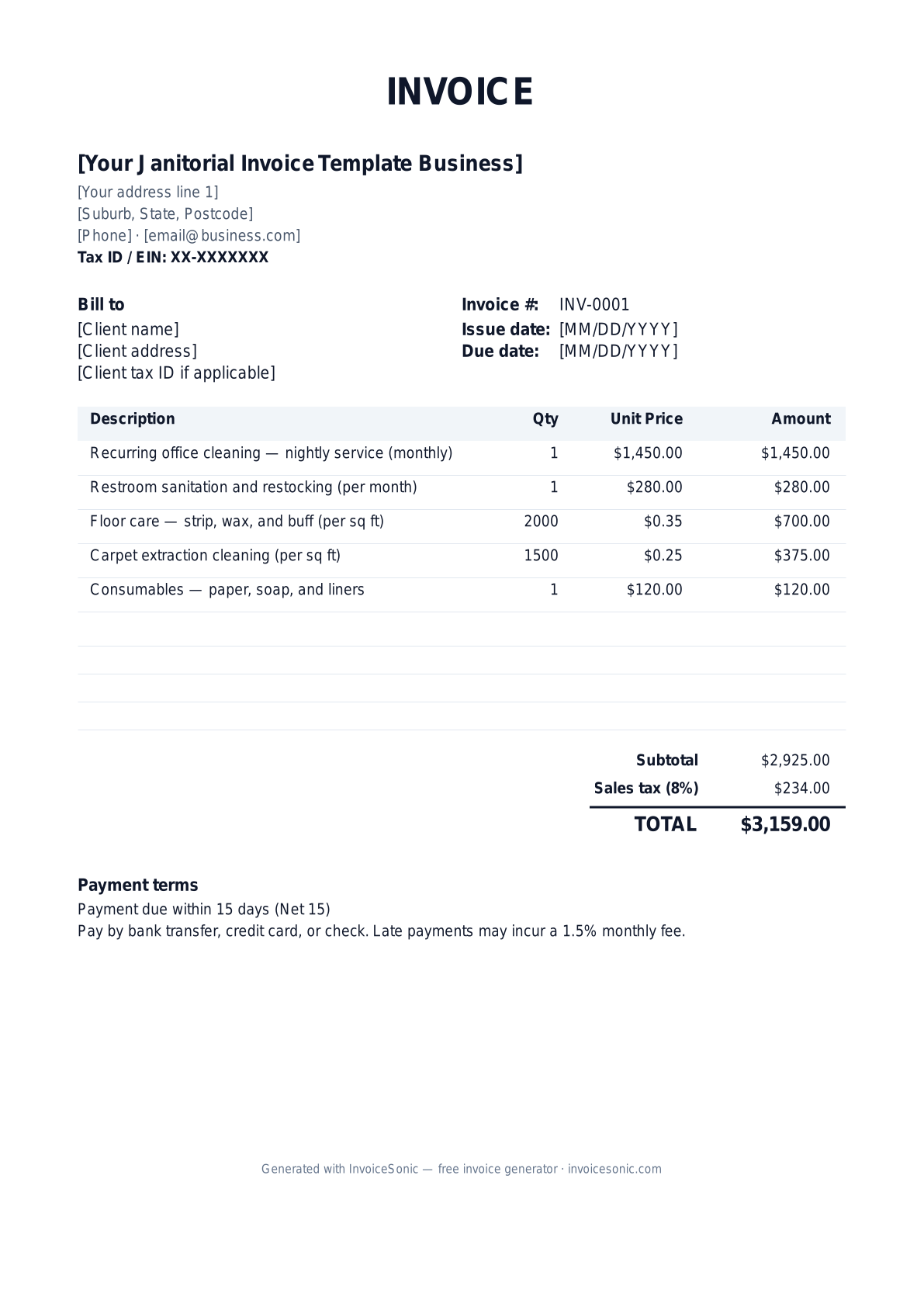 Janitorial Invoice Template invoice template preview — free editable Word, Excel and PDF