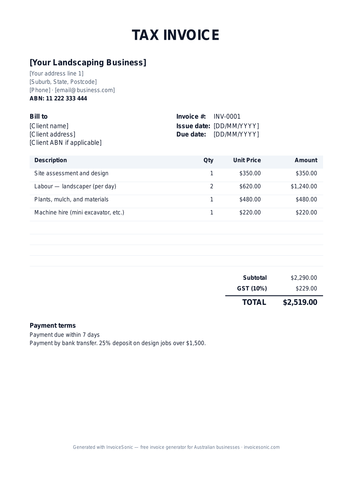 Landscaper invoice template preview — editable Word, Excel and PDF tax invoice