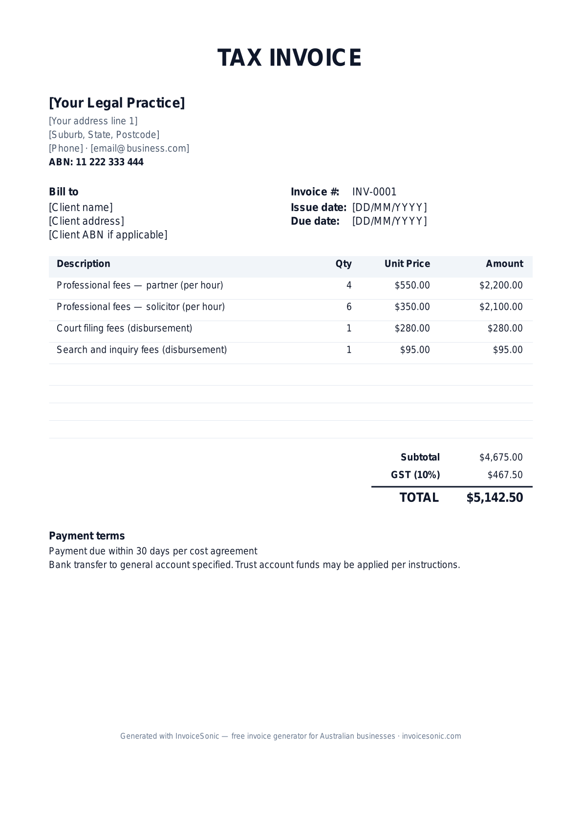 Lawyer invoice template preview — editable Word, Excel and PDF tax invoice