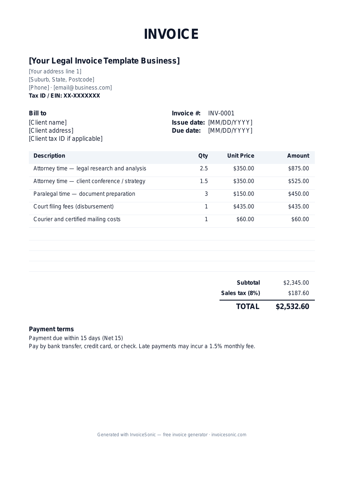 Legal Invoice Template invoice template preview — free editable Word, Excel and PDF