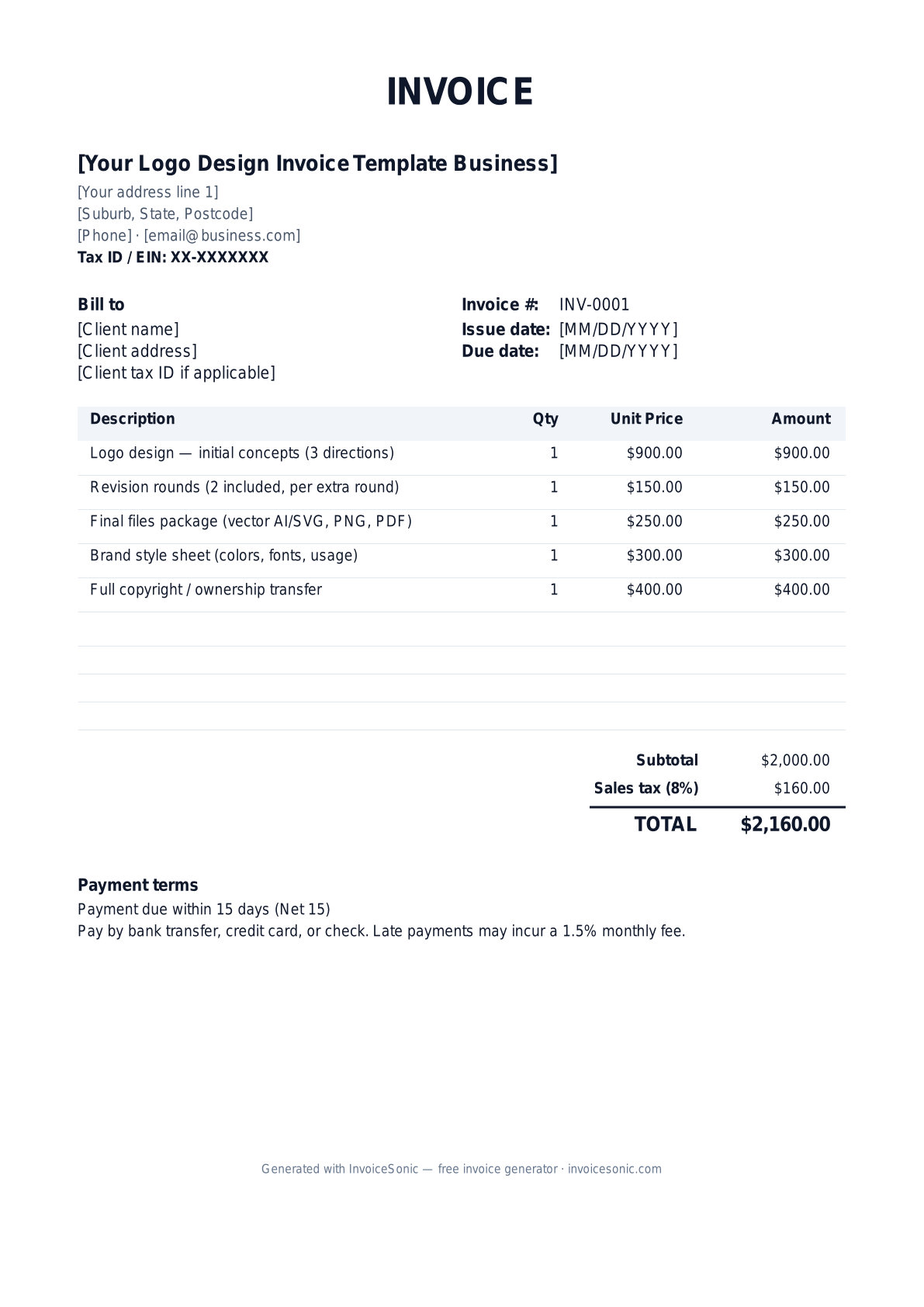 Logo Design Invoice Template invoice template preview — free editable Word, Excel and PDF