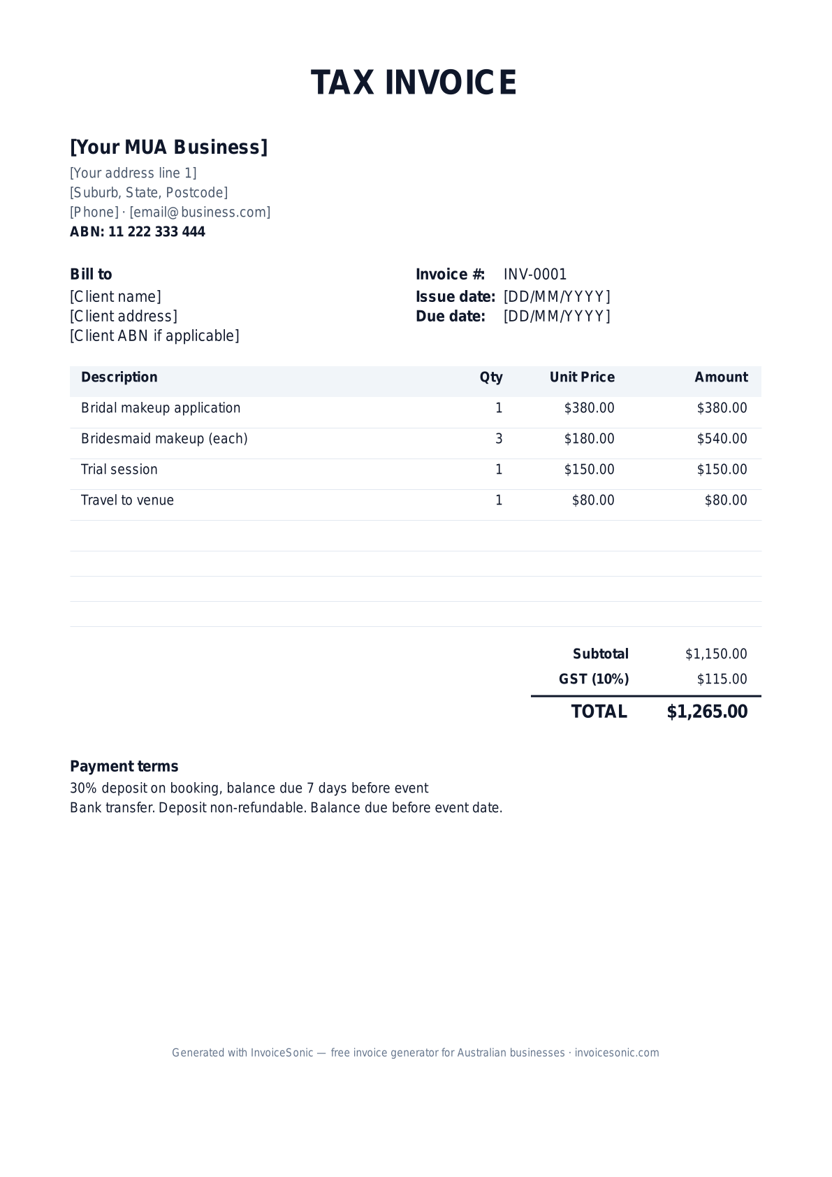 Makeup Artist invoice template preview — editable Word, Excel and PDF tax invoice