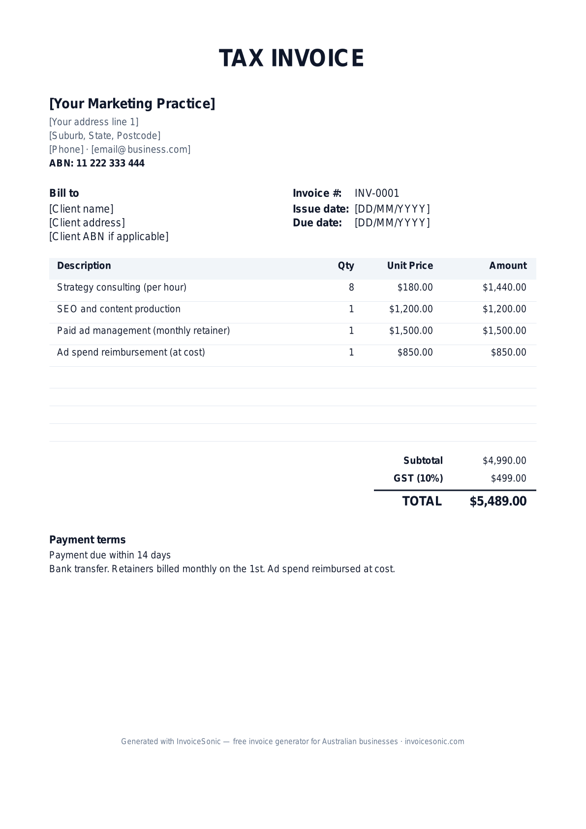 Marketing Consultant invoice template preview — editable Word, Excel and PDF tax invoice