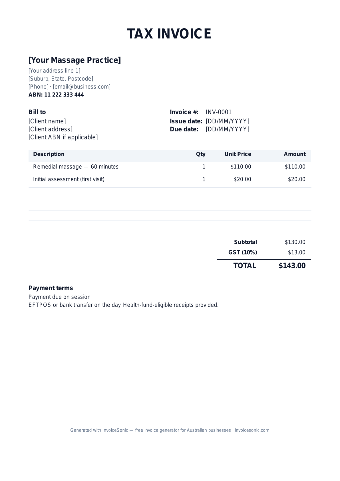 Massage Therapist invoice template preview — free editable Word, Excel and PDF