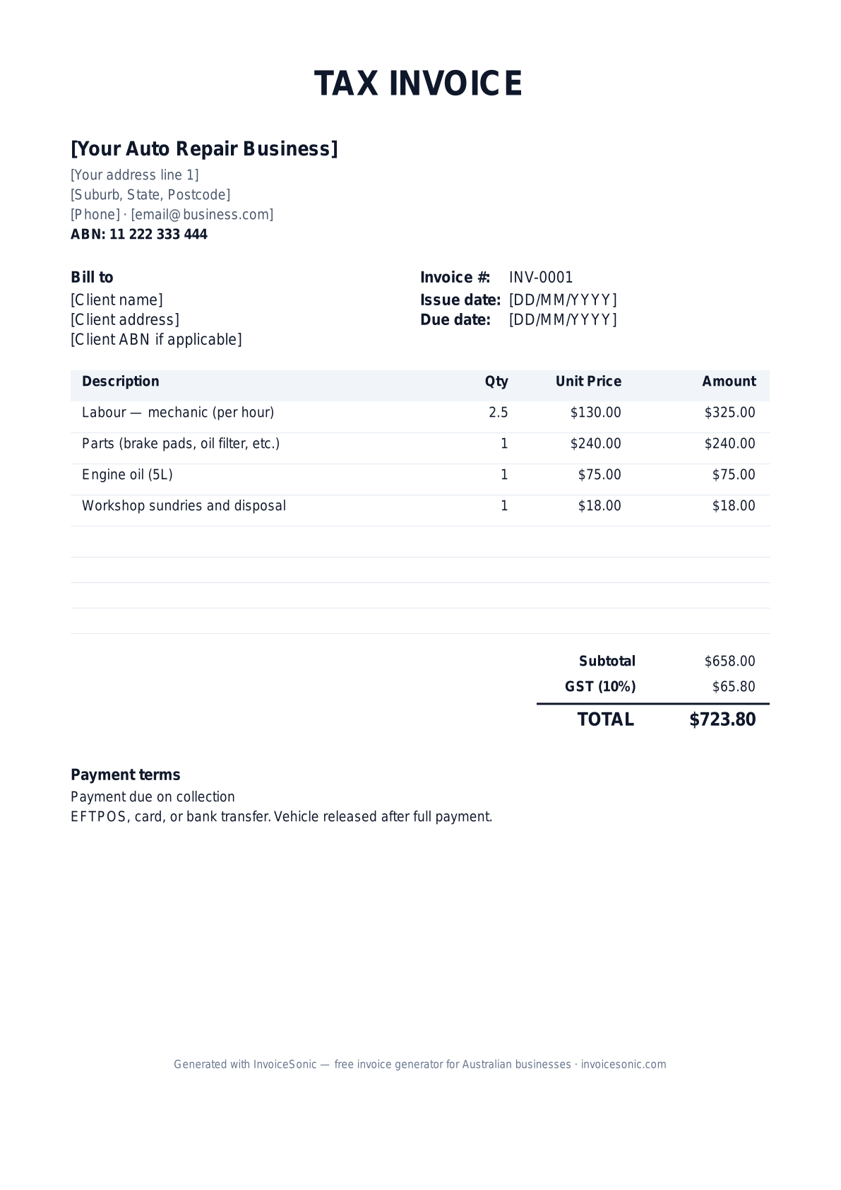 Mechanic invoice template preview — free editable Word, Excel and PDF