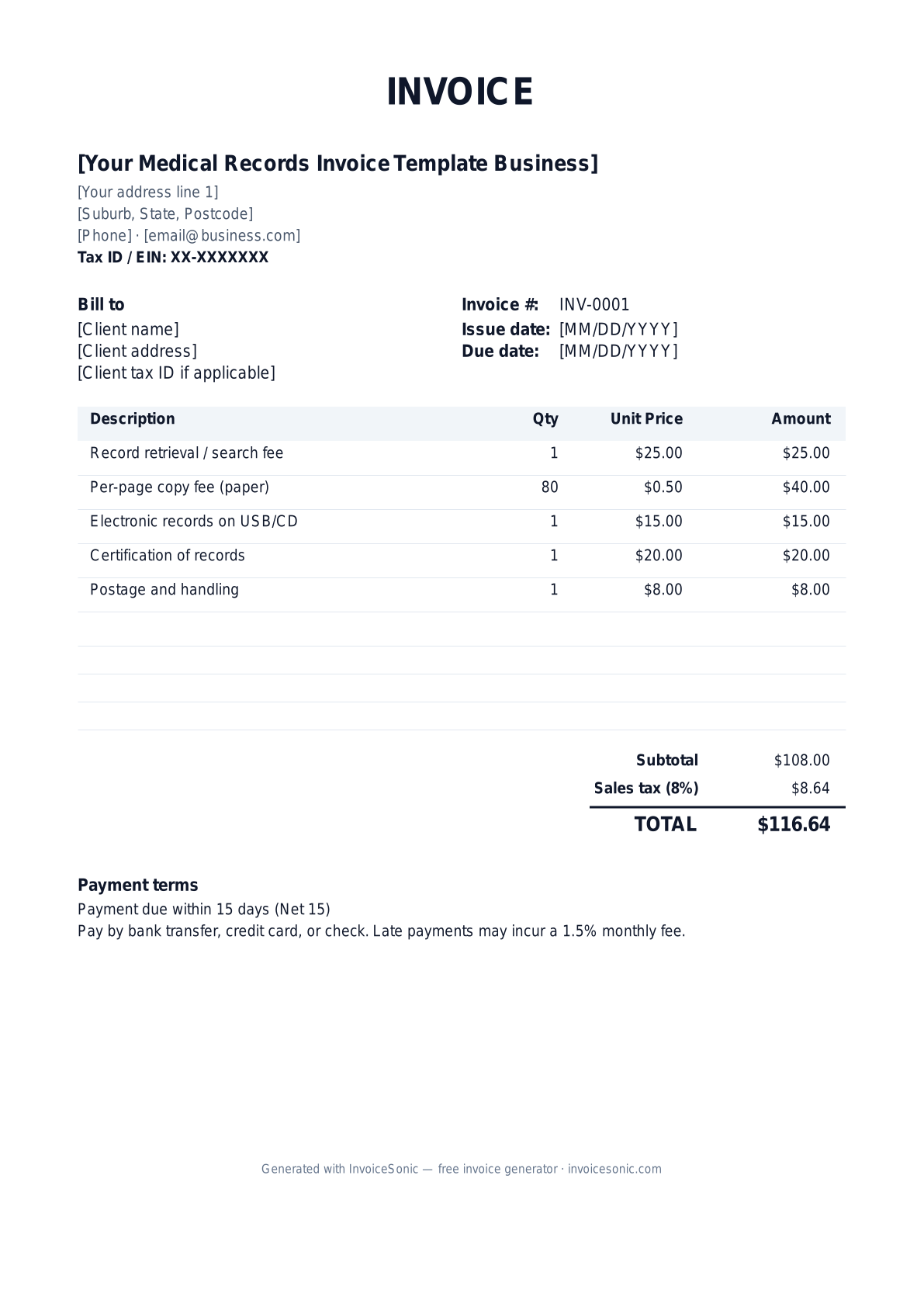 Medical Records Invoice Template invoice template preview — free editable Word, Excel and PDF