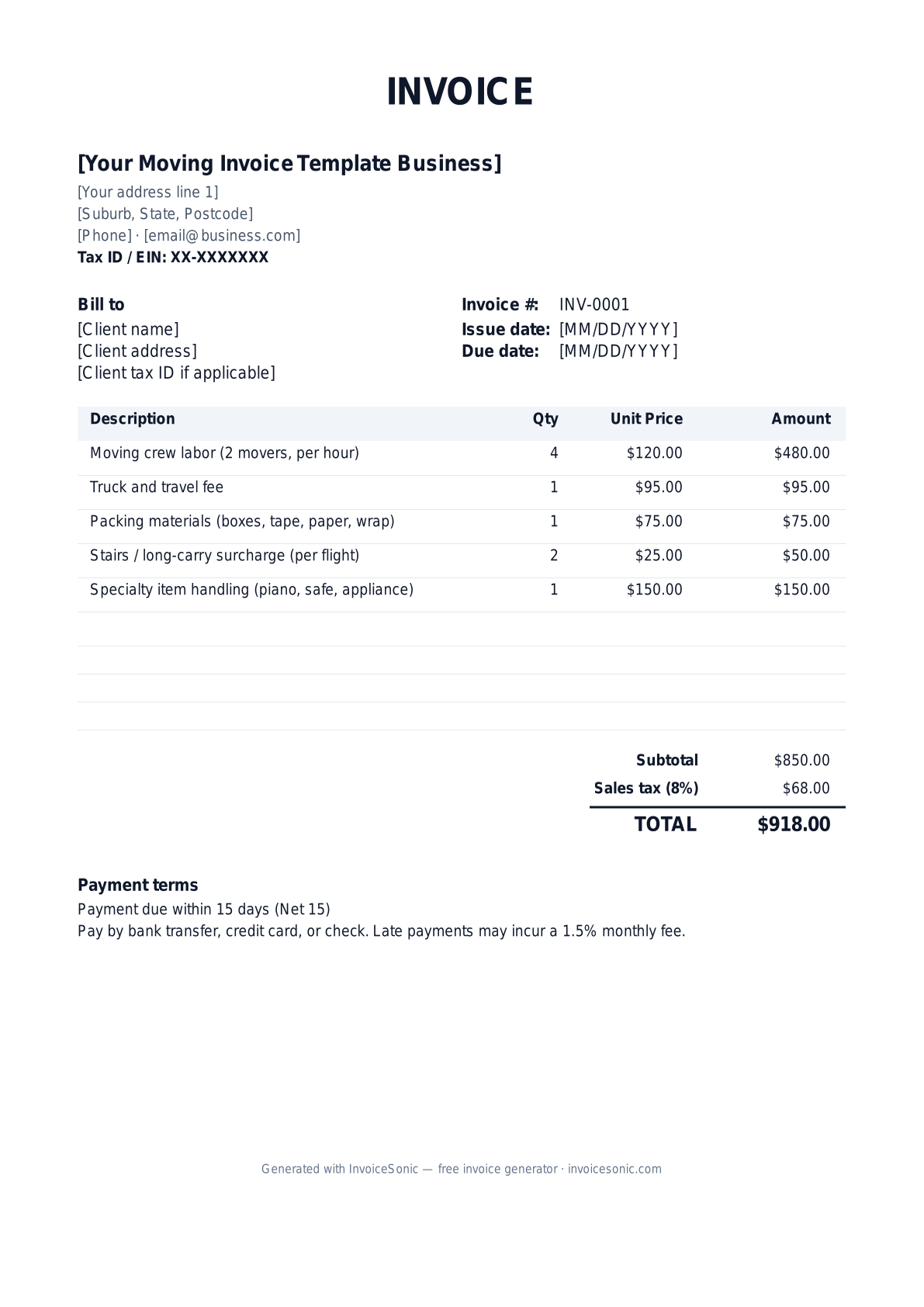Moving Invoice Template invoice template preview — free editable Word, Excel and PDF