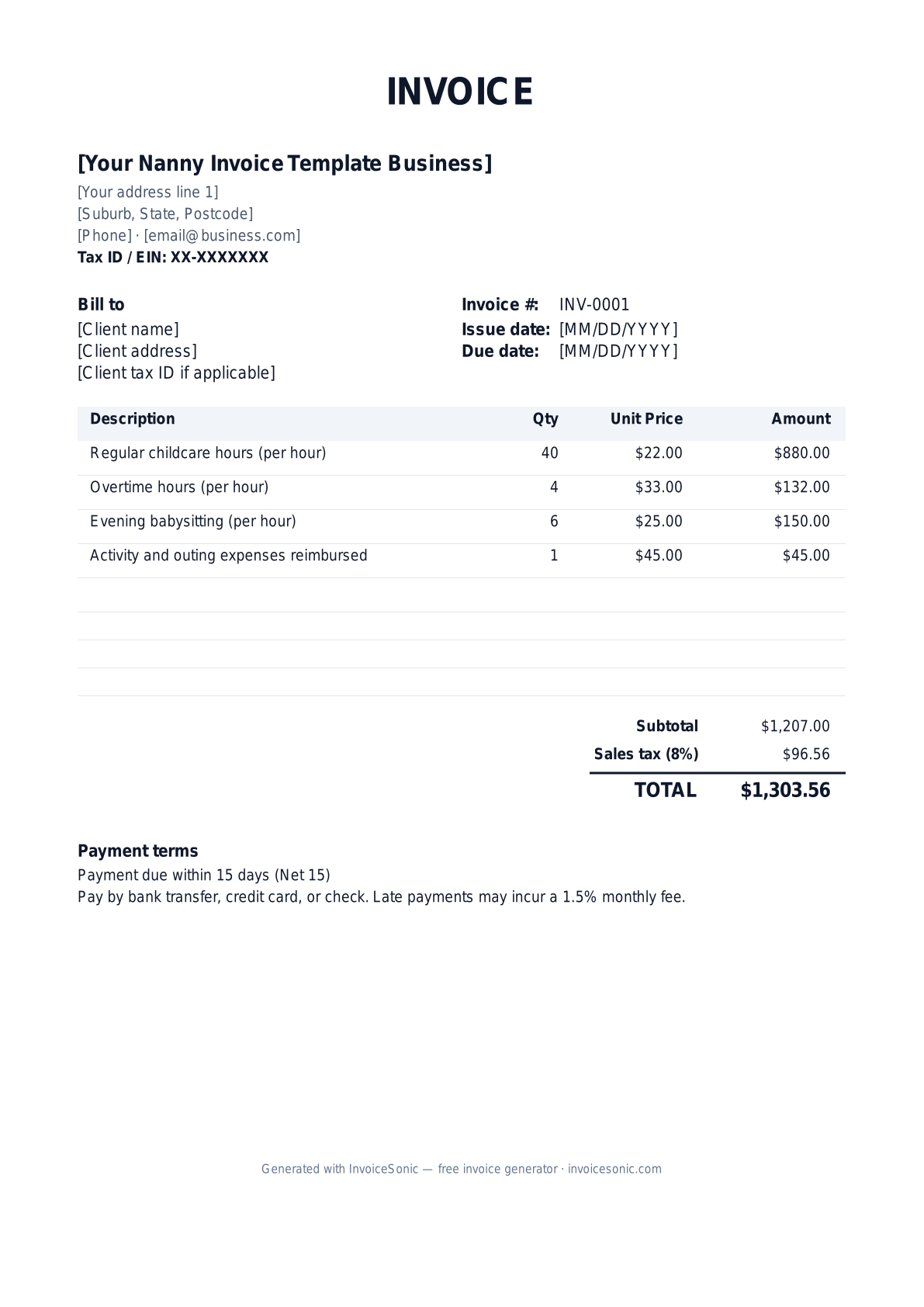 Nanny Invoice Template invoice template preview — free editable Word, Excel and PDF