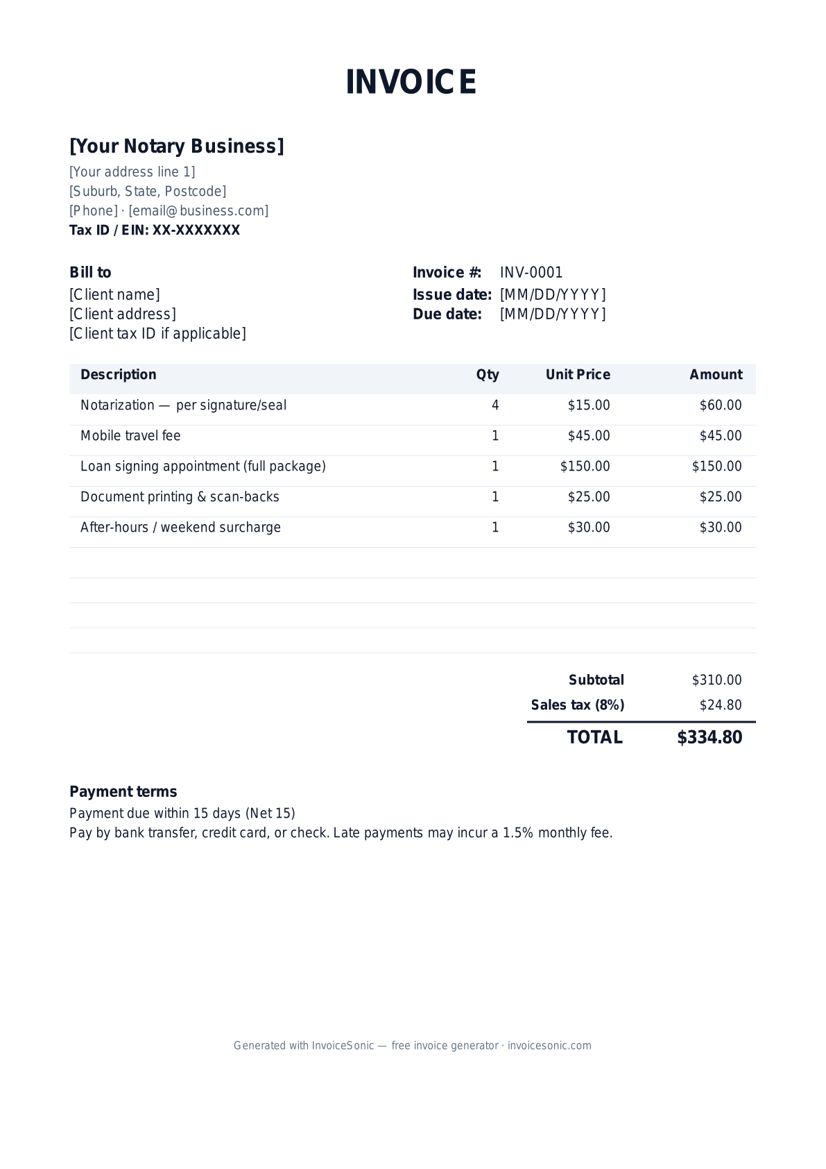 Notary invoice template preview — free editable Word, Excel and PDF