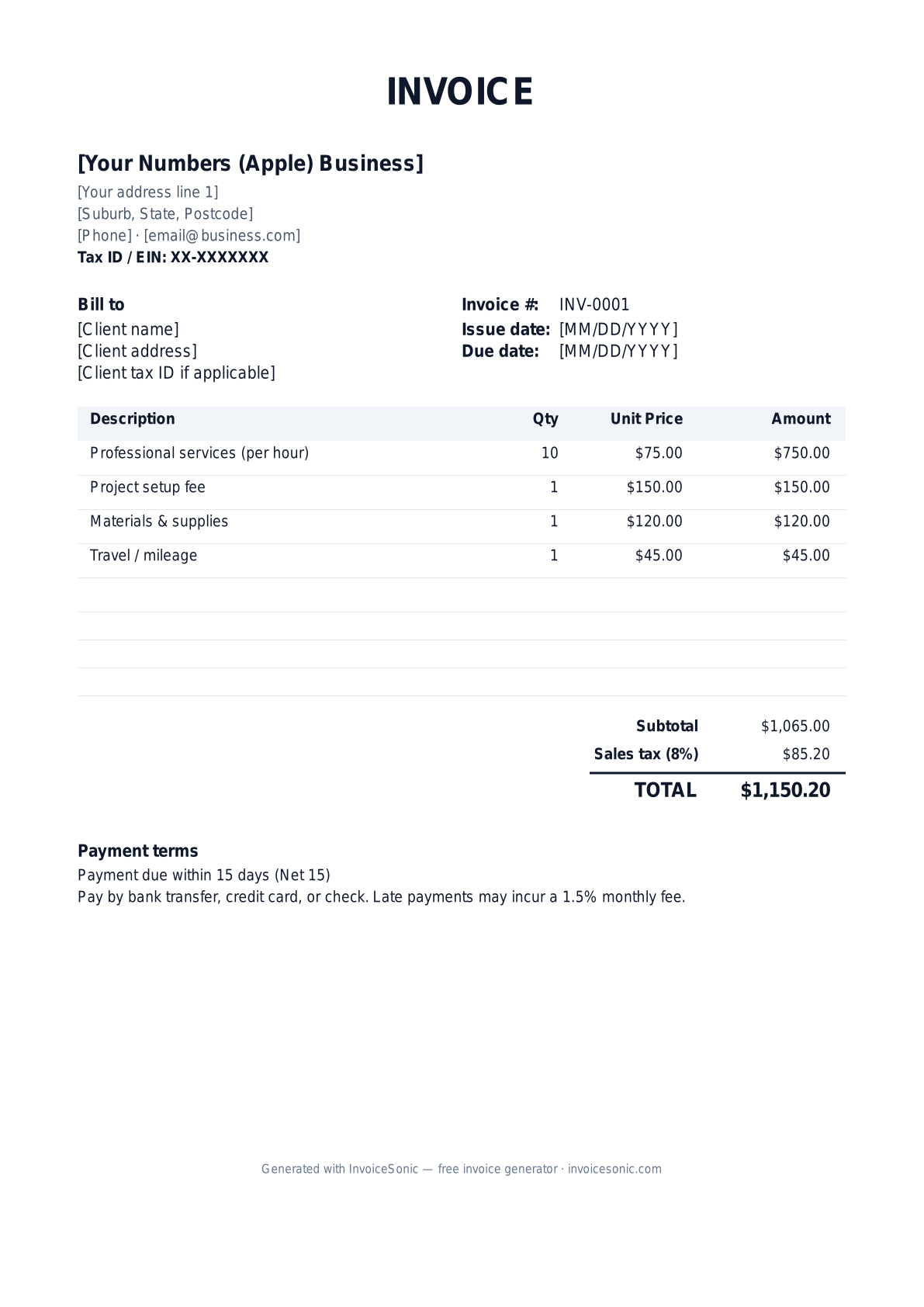 Numbers (Apple) invoice template preview — free editable Word, Excel and PDF