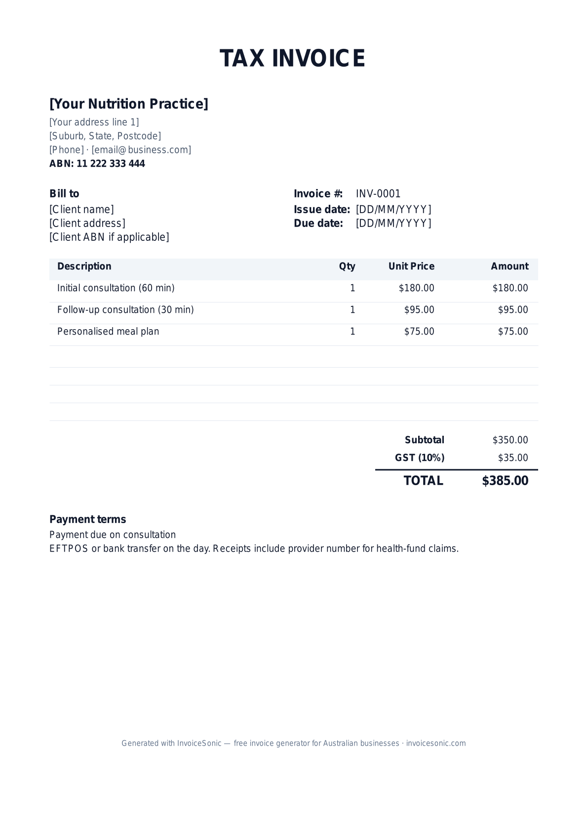 Nutritionist invoice template preview — editable Word, Excel and PDF tax invoice