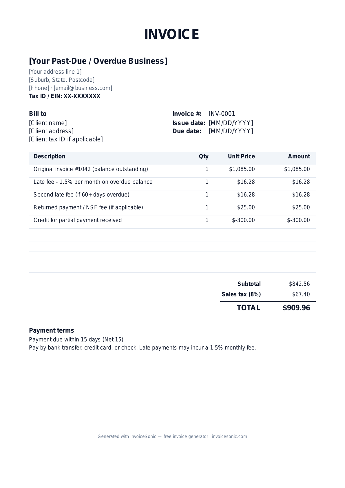 Past-Due / Overdue invoice template preview — free editable Word, Excel and PDF