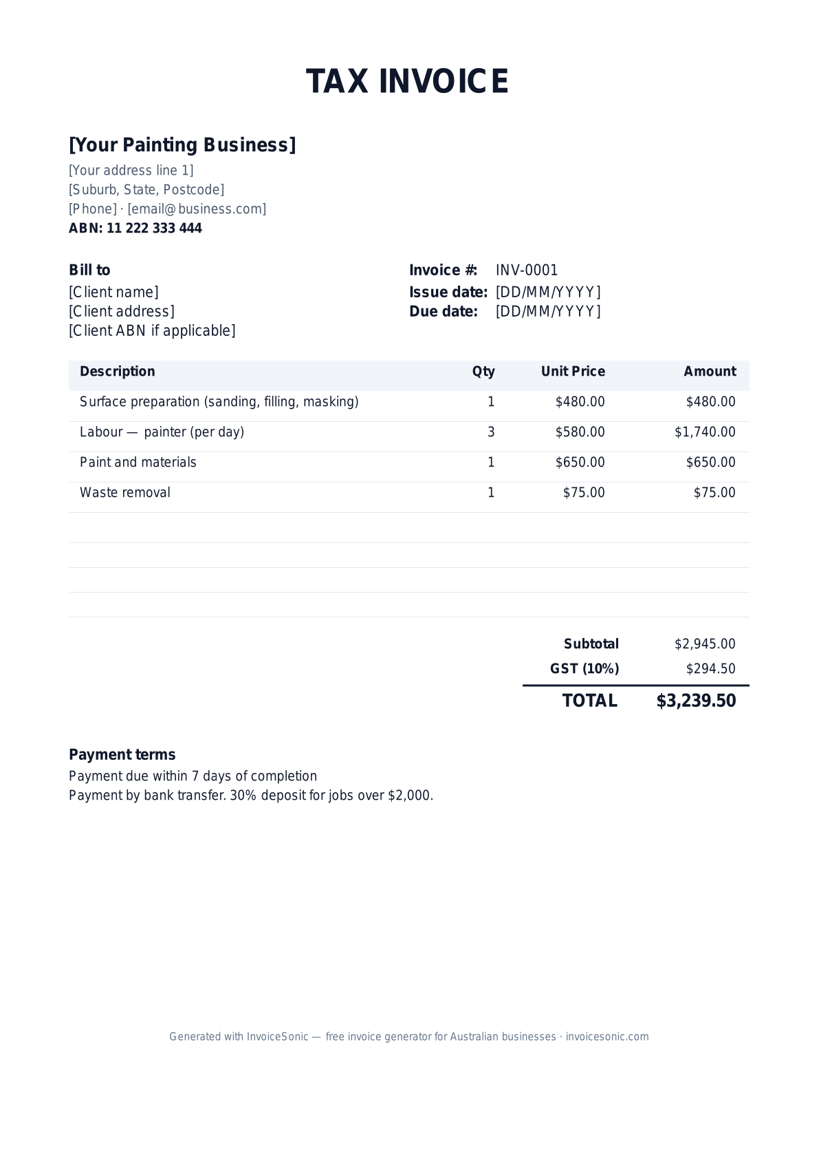 Painter invoice template preview — editable Word, Excel and PDF tax invoice