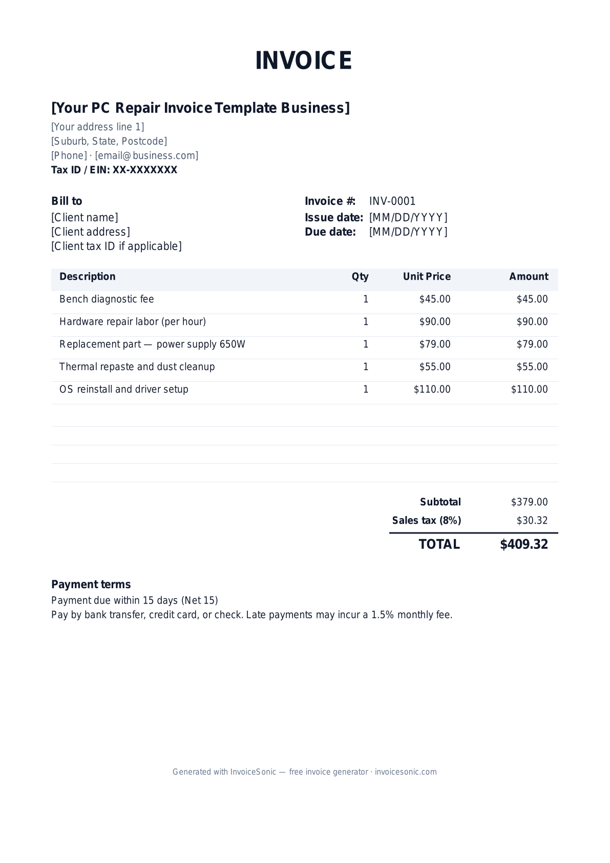 PC Repair Invoice Template invoice template preview — free editable Word, Excel and PDF