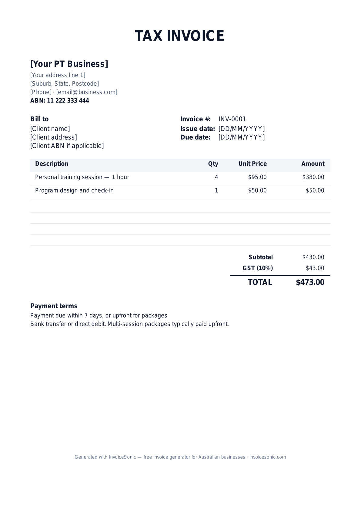 Personal Trainer invoice template preview — editable Word, Excel and PDF tax invoice