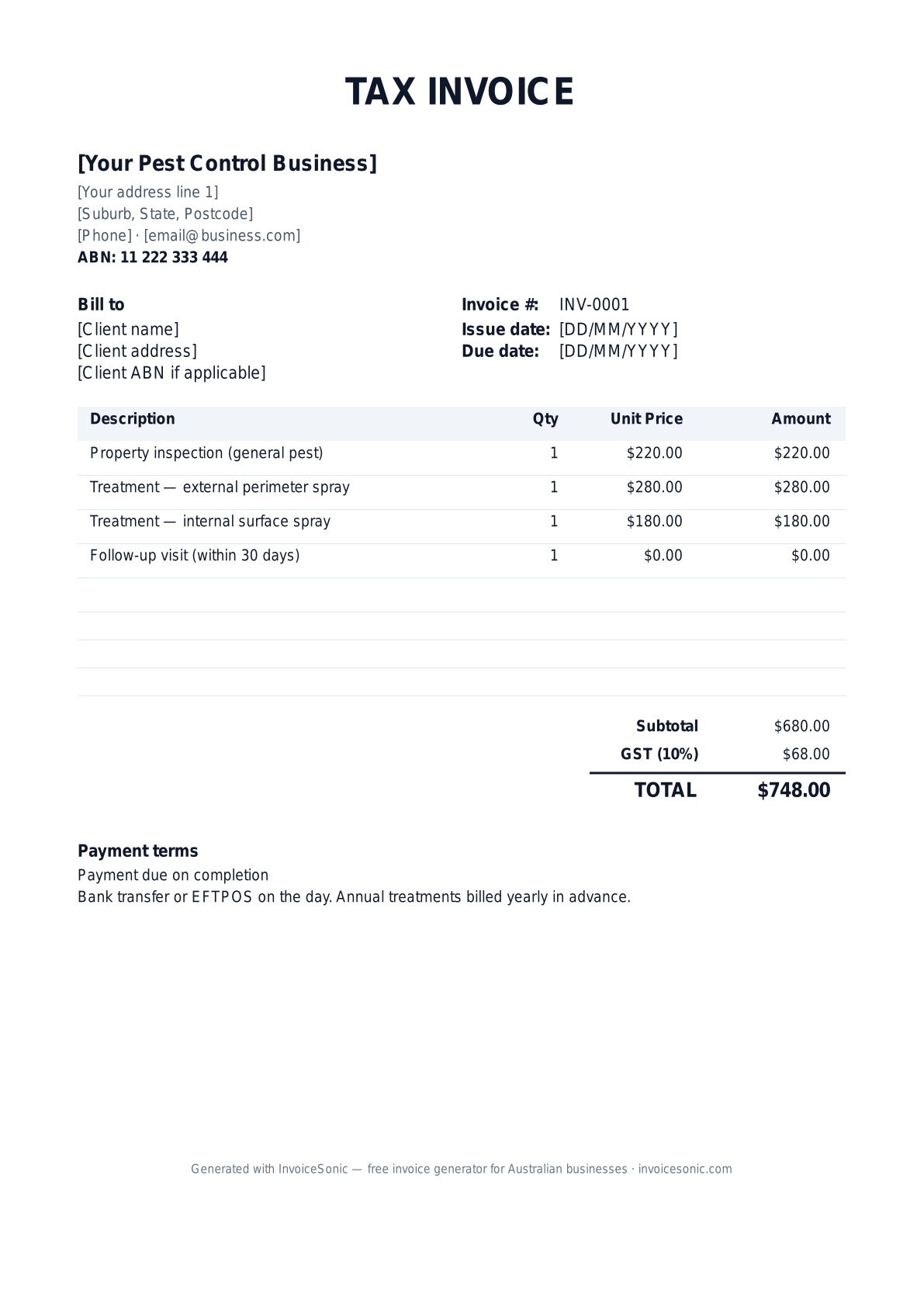 Pest Control invoice template preview — editable Word, Excel and PDF tax invoice