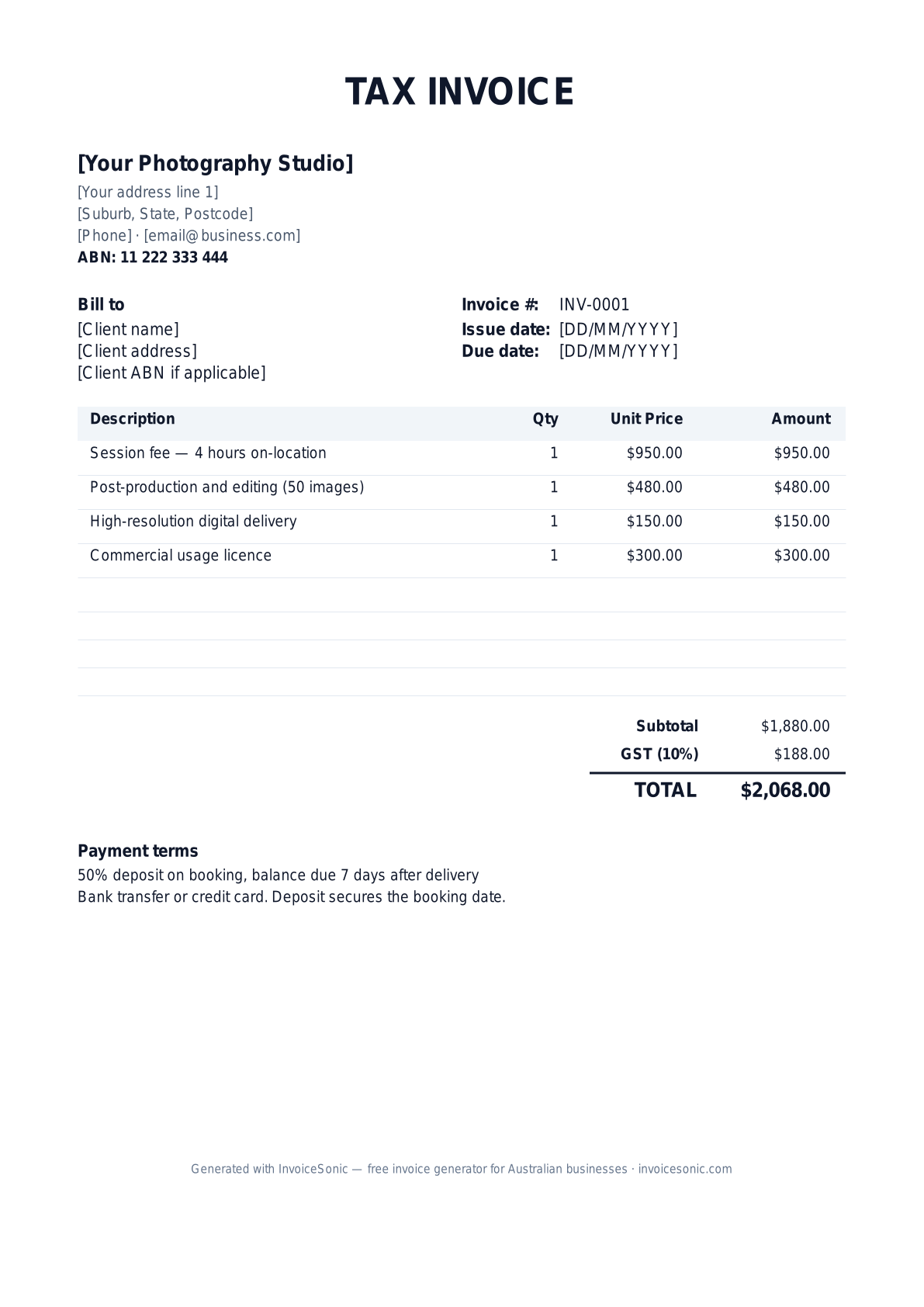 Photographer invoice template preview — editable Word, Excel and PDF tax invoice