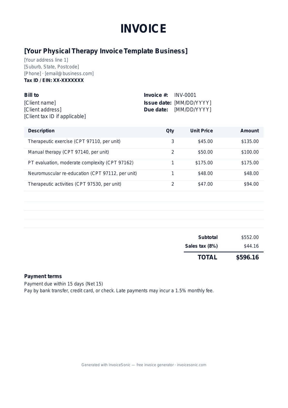 Physical Therapy Invoice Template invoice template preview — free editable Word, Excel and PDF