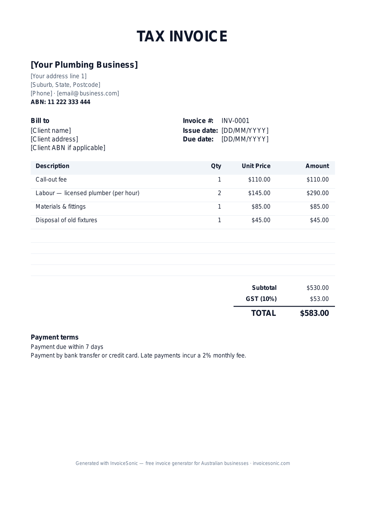 Plumber invoice template preview — free editable Word, Excel and PDF