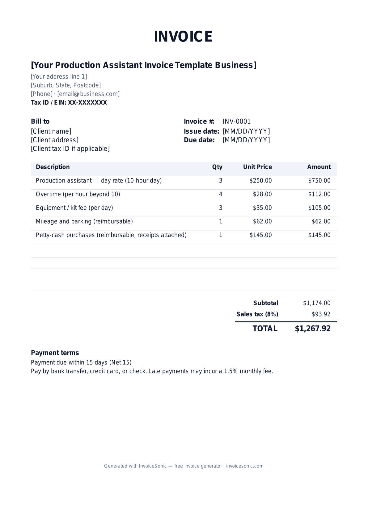 Production Assistant Invoice Template invoice template preview — free editable Word, Excel and PDF