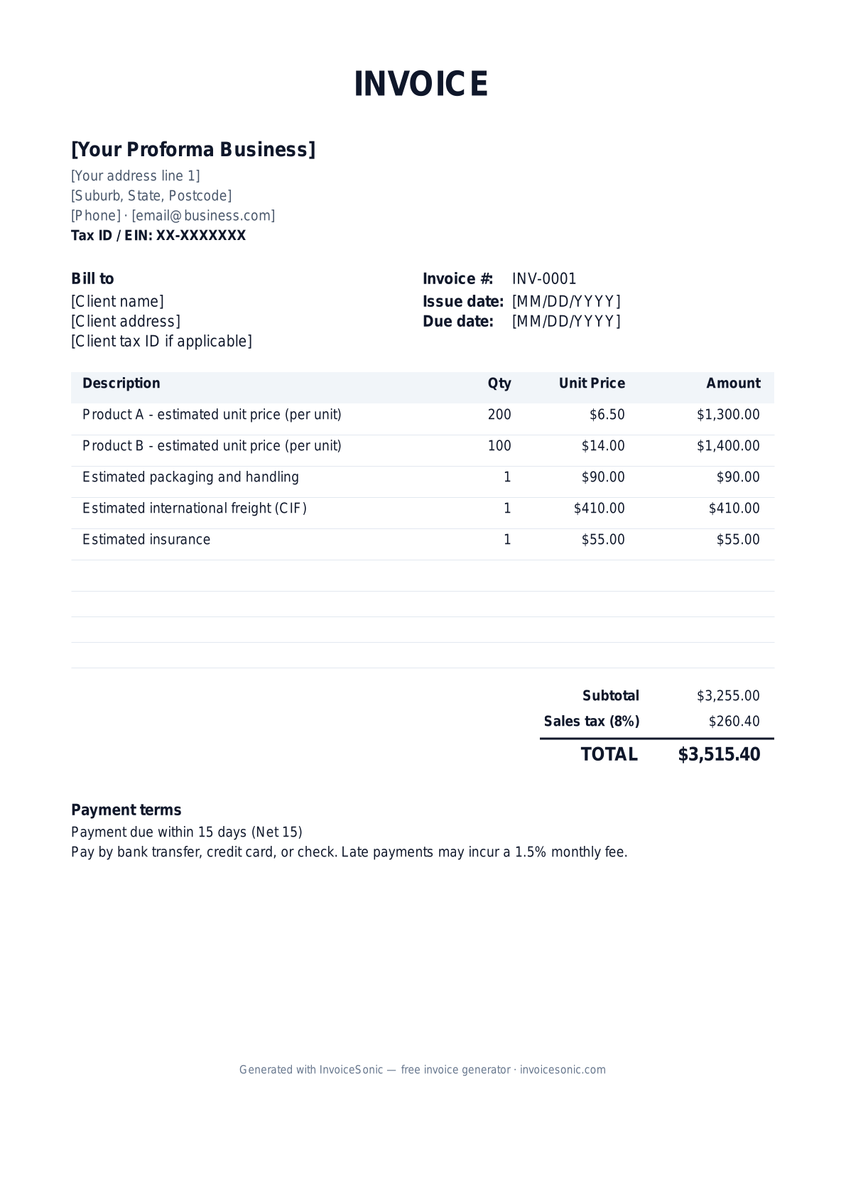 Proforma invoice template preview — free editable Word, Excel and PDF