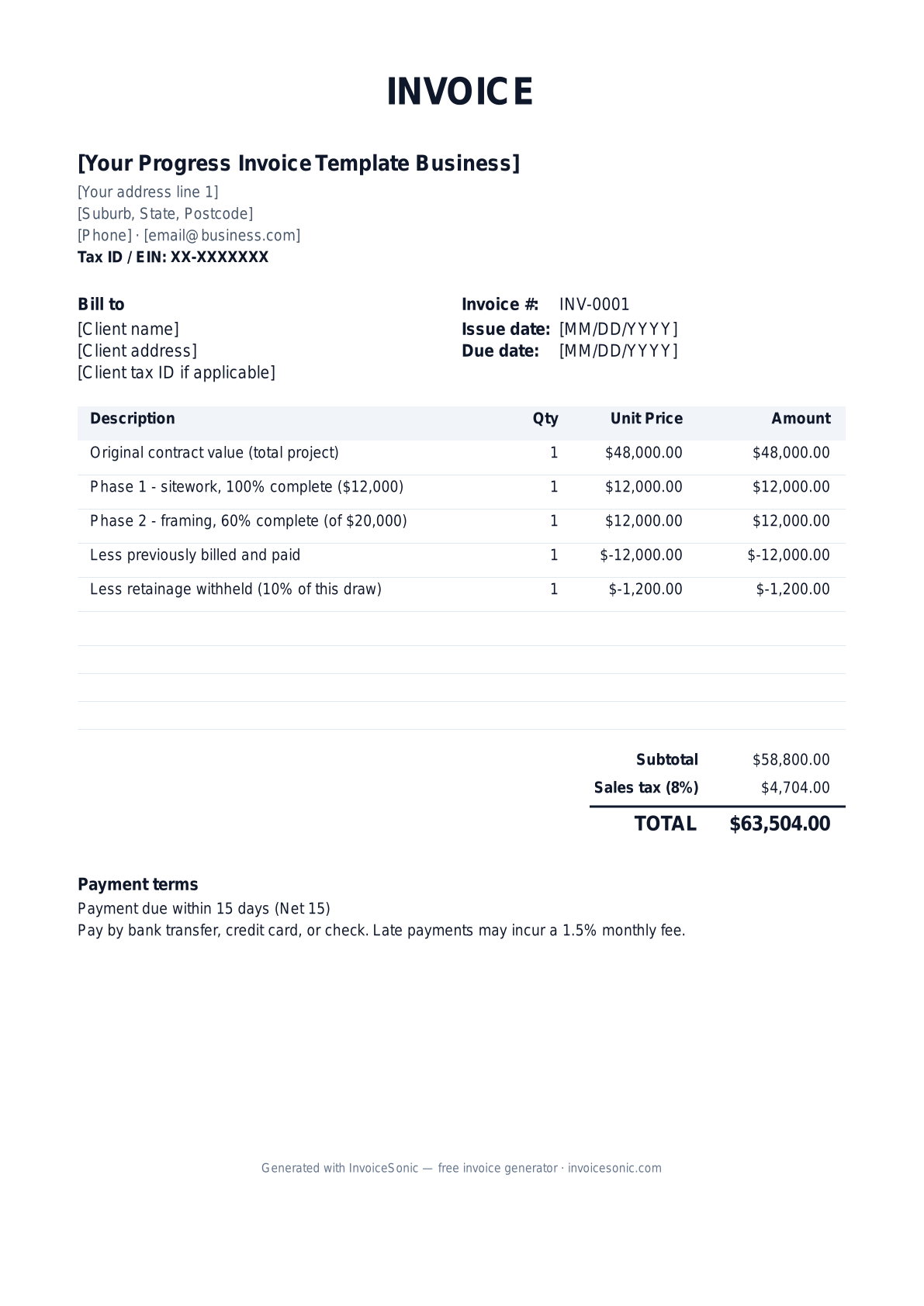 Progress Invoice Template invoice template preview — free editable Word, Excel and PDF