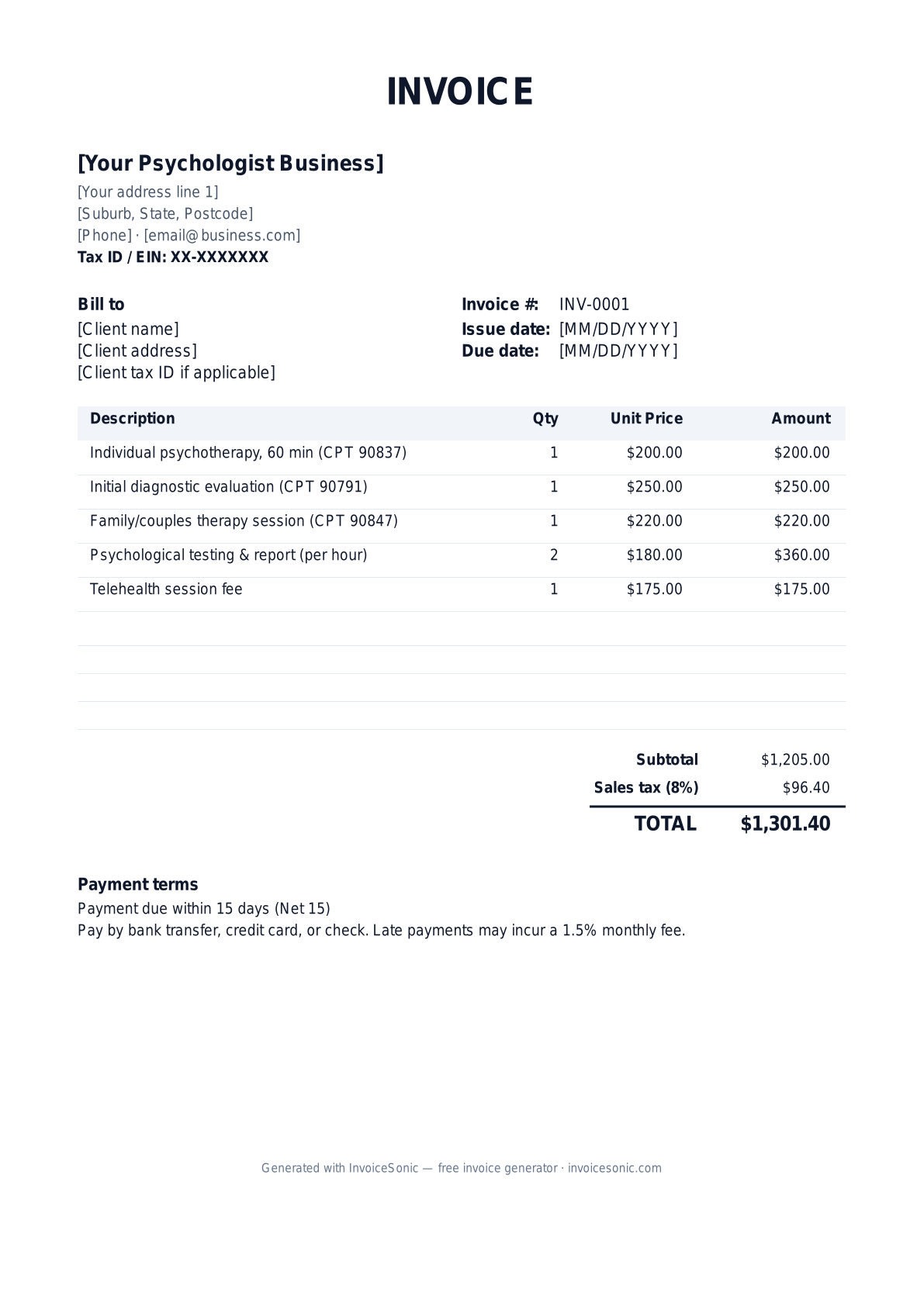Psychologist invoice template preview — free editable Word, Excel and PDF