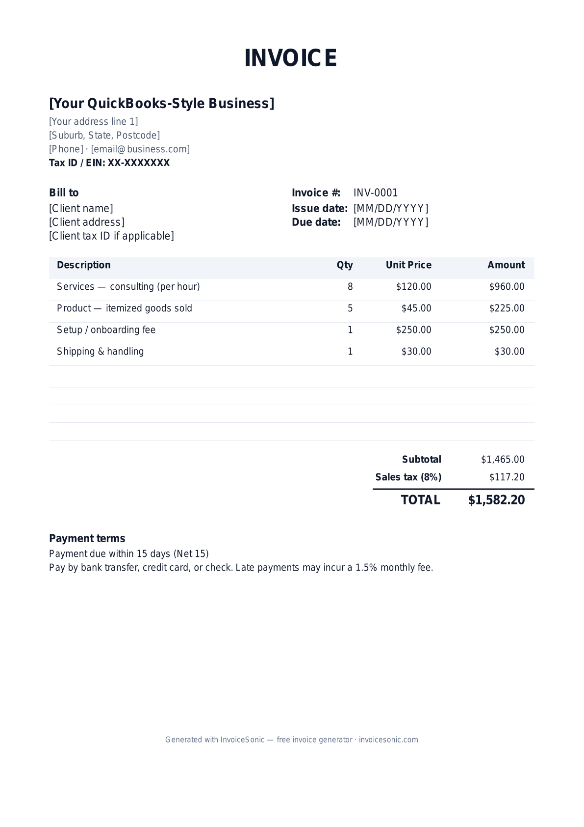 QuickBooks-Style invoice template preview — free editable Word, Excel and PDF