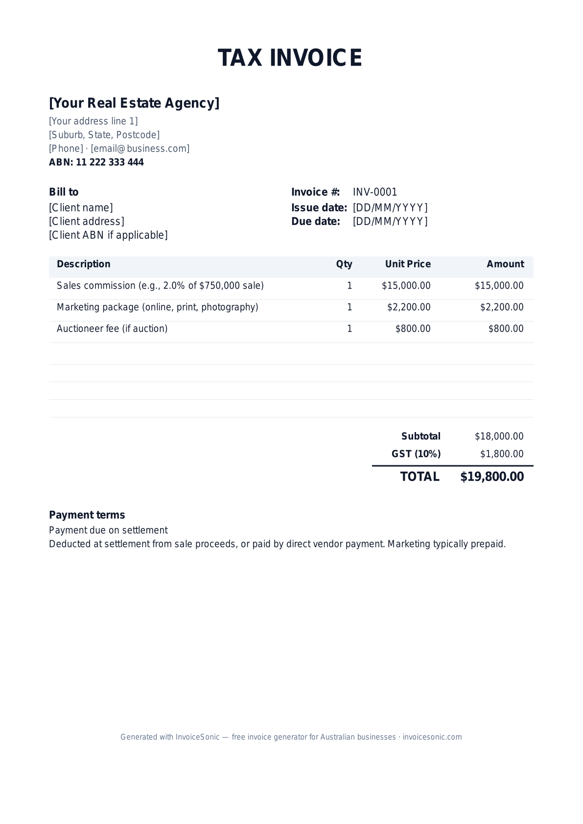 Real Estate Agent invoice template preview — editable Word, Excel and PDF tax invoice