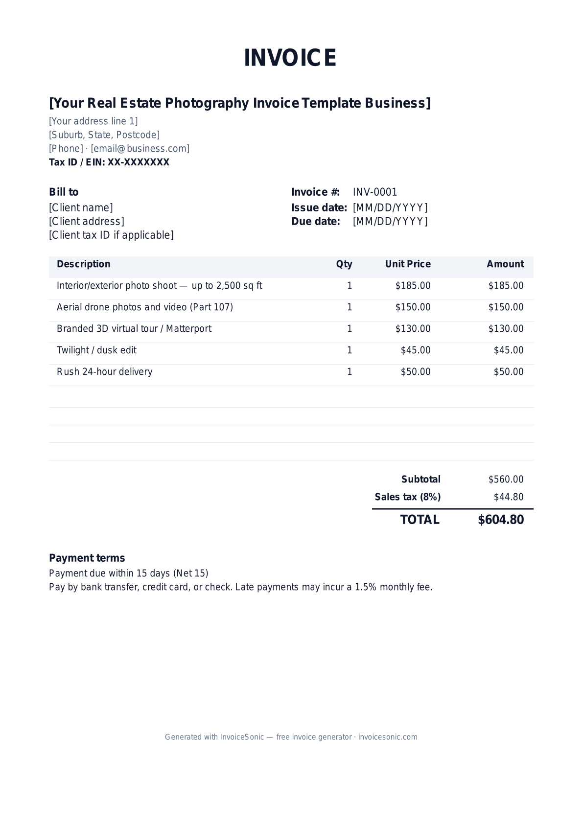 Real Estate Photography Invoice Template invoice template preview — free editable Word, Excel and PDF