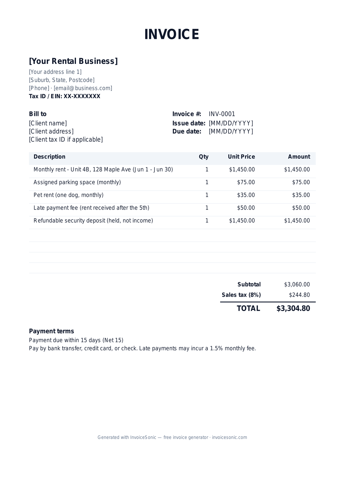 Rental invoice template preview — free editable Word, Excel and PDF