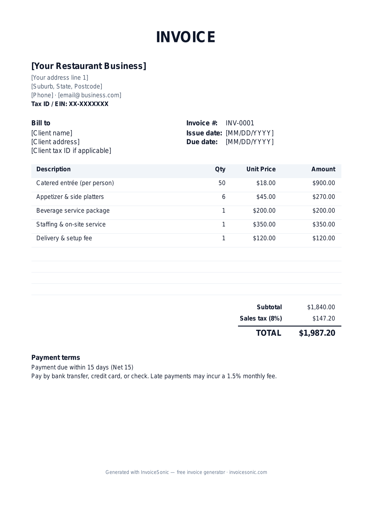 Restaurant invoice template preview — free editable Word, Excel and PDF