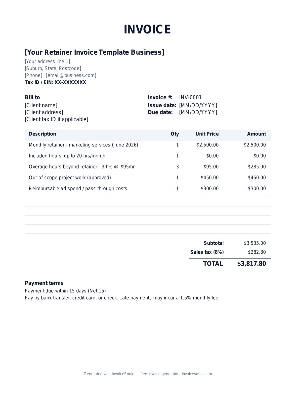 Retainer Invoice Template invoice template preview — free editable Word, Excel and PDF