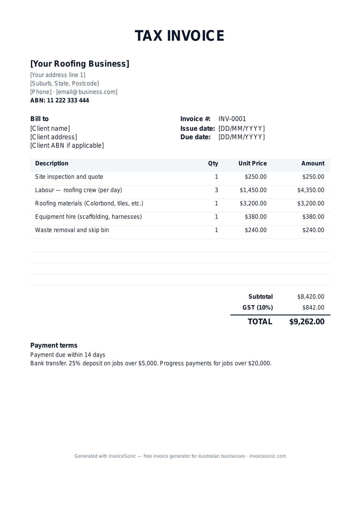 Roofer invoice template preview — editable Word, Excel and PDF tax invoice