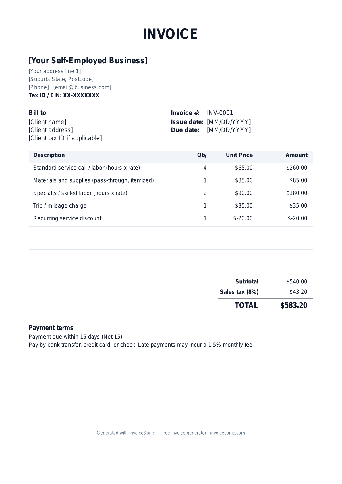 Self-Employed invoice template preview — free editable Word, Excel and PDF