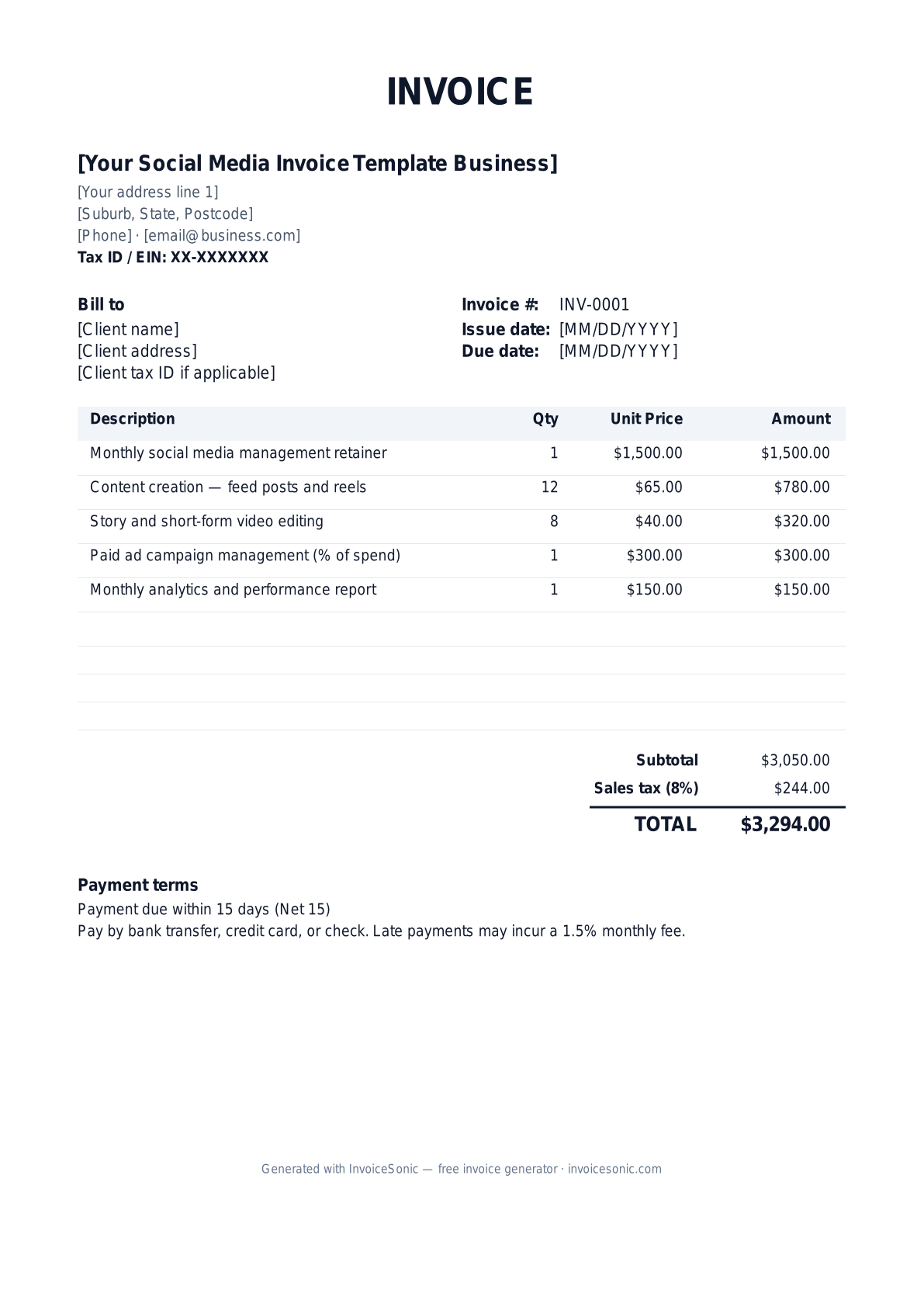 Social Media Invoice Template invoice template preview — free editable Word, Excel and PDF