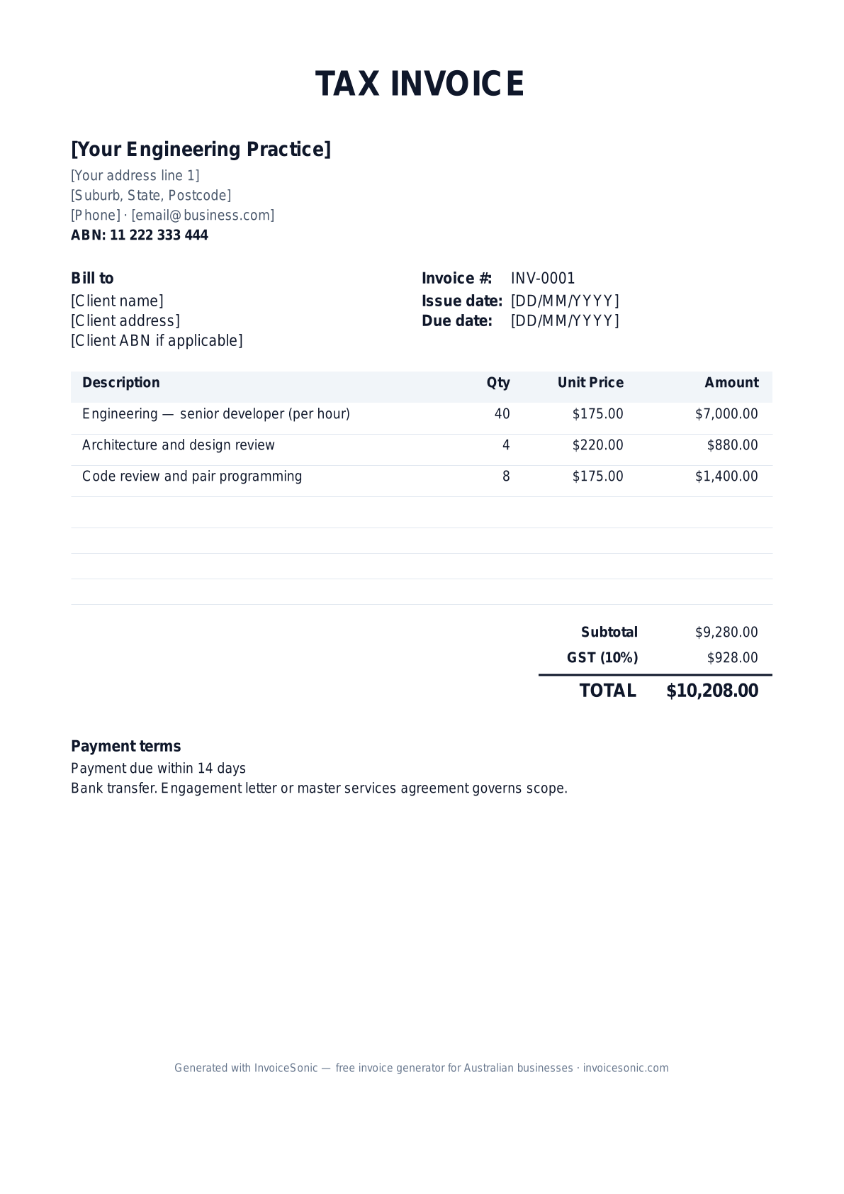 Software Developer invoice template preview — editable Word, Excel and PDF tax invoice